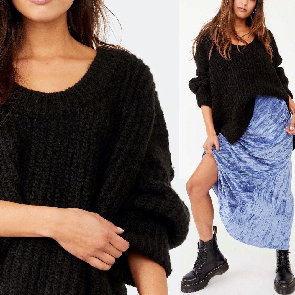 NEW Free People Blue Bell U V Neck Oversize Slouchy Tunic Sweater Black $128 S - Picture 6 of 10